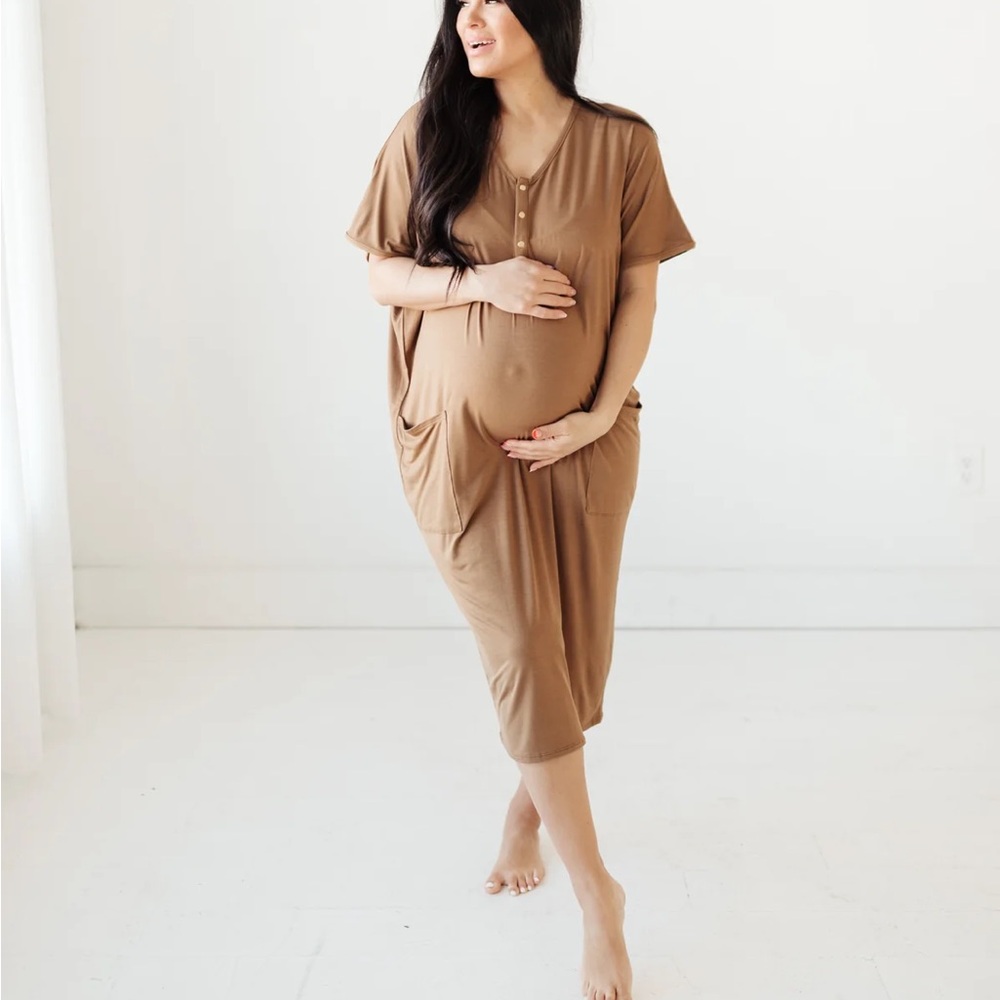 Cozy Tan Maternity Sleep Dress